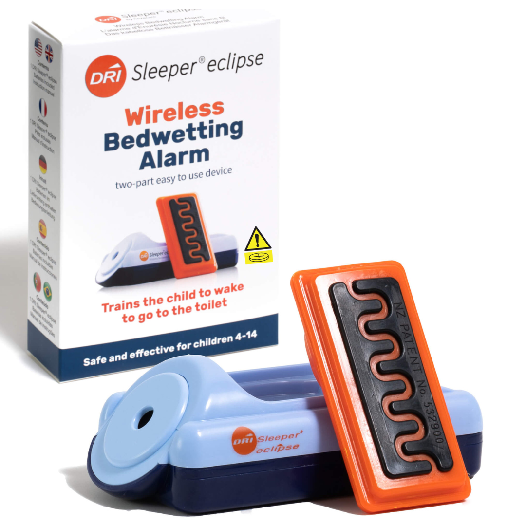 DRI Sleeper Eclipse Wireless Bedwetting Alarm. Safe and effective for children 4 to 14 years old. Trains the child to wake to go to the toilet.