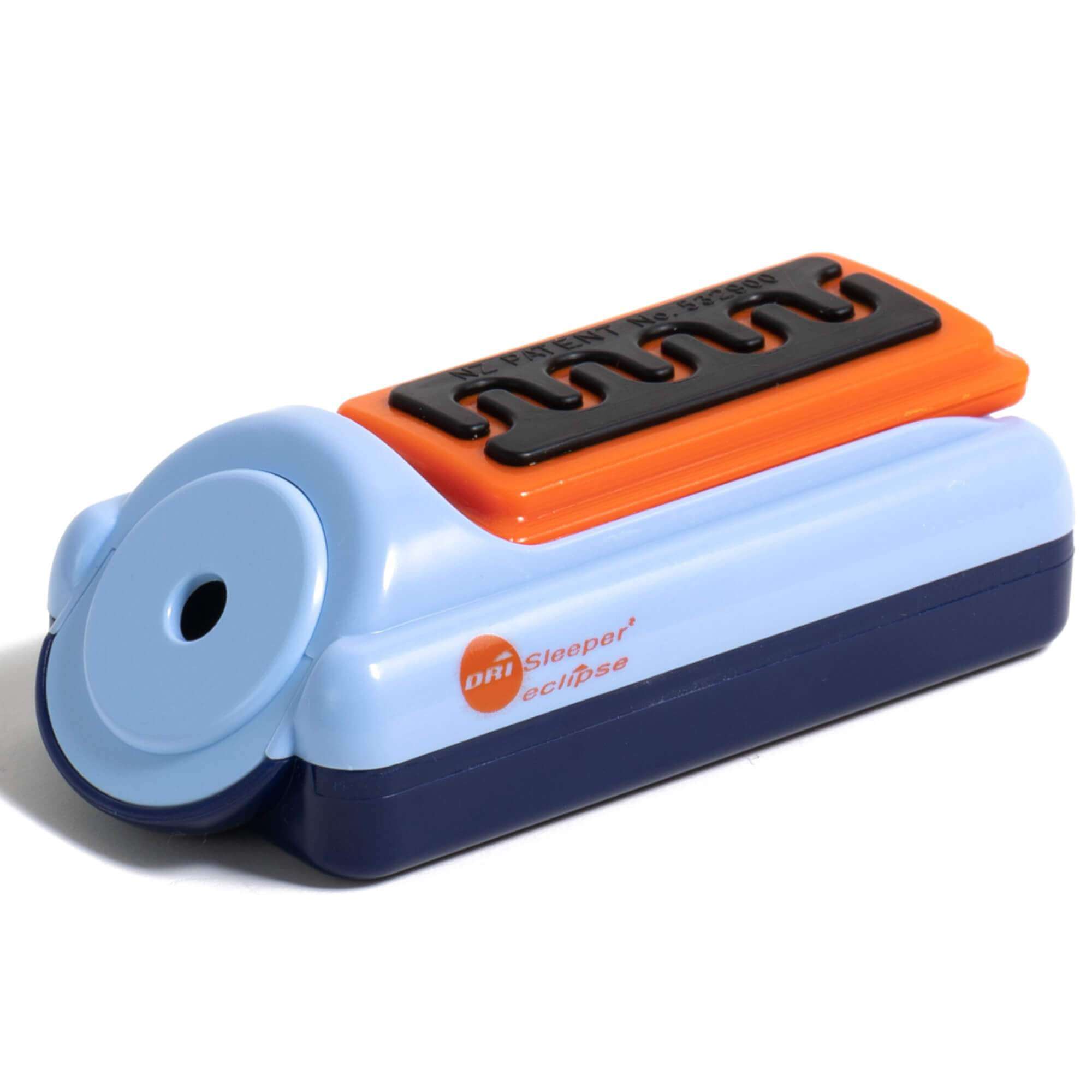 DRI Sleeper Eclipse sensor and bedwetting alarm base unit. The bedwetting sensor sits in the alarm cradle when not in use, preserving power.